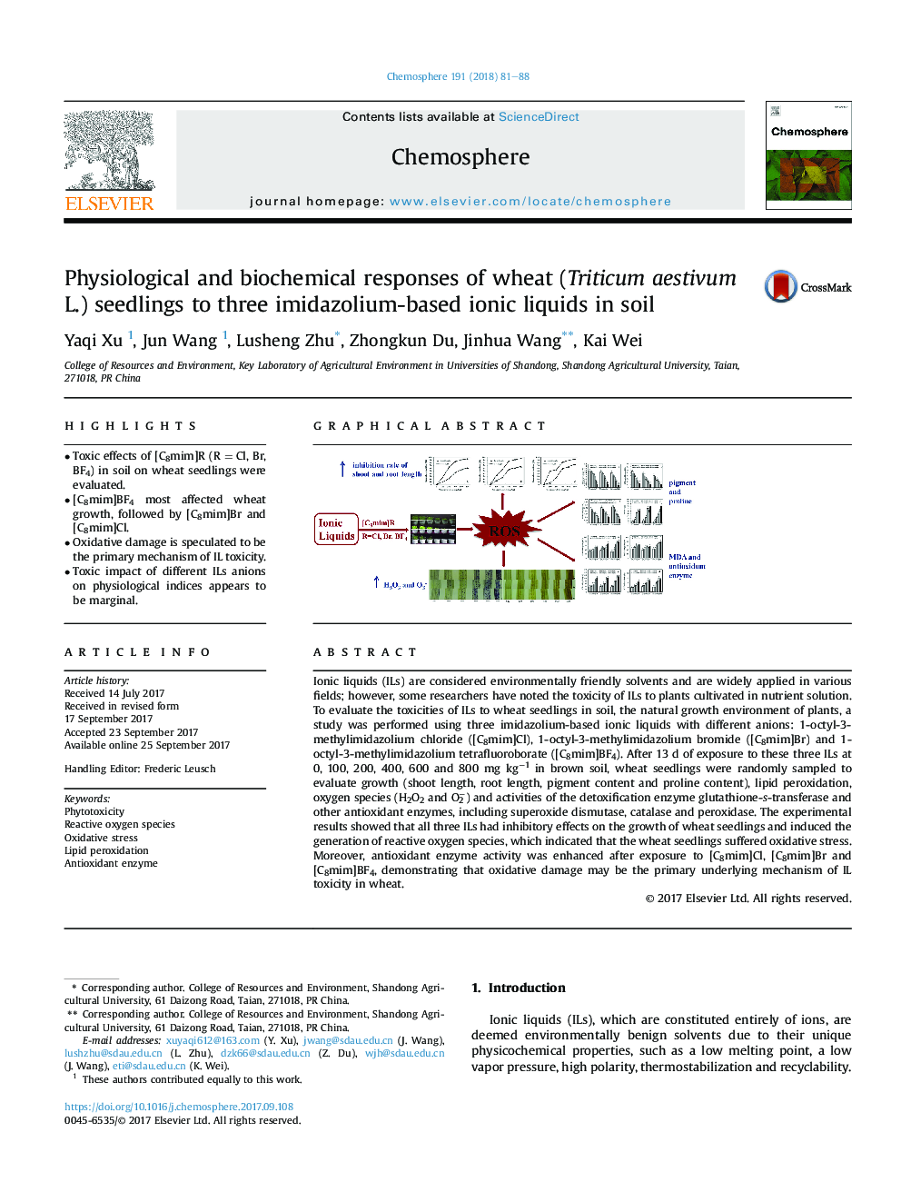 Physiological and biochemical responses of wheat (Triticum aestivum L.) seedlings to three imidazolium-based ionic liquids in soil