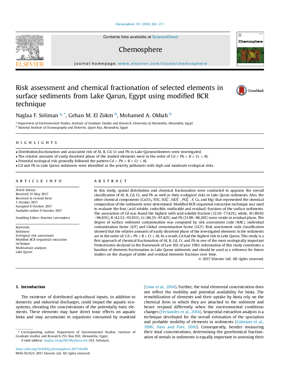 Risk assessment and chemical fractionation of selected elements in surface sediments from Lake Qarun, Egypt using modified BCR technique