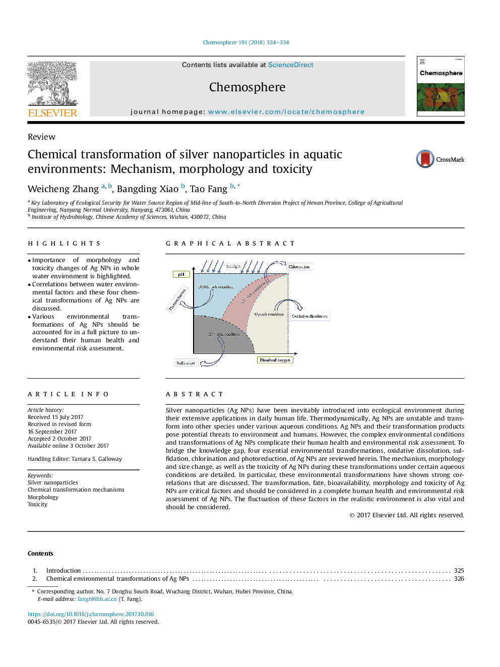 Chemical transformation of silver nanoparticles in aquatic environments: Mechanism, morphology and toxicity