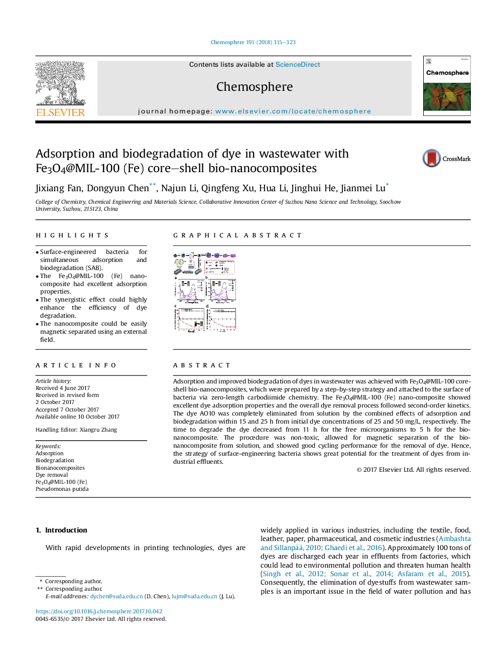 Adsorption and biodegradation of dye in wastewater with Fe3O4@MIL-100 (Fe) core-shell bio-nanocomposites