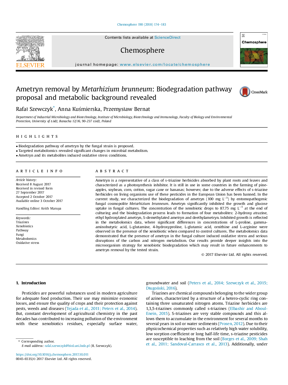 Ametryn removal by Metarhizium brunneum: Biodegradation pathway proposal and metabolic background revealed