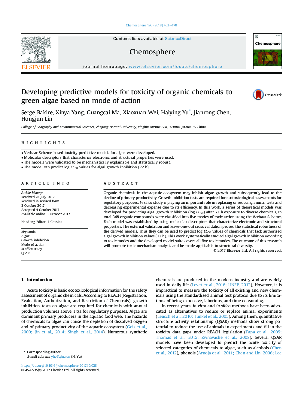 Developing predictive models for toxicity of organic chemicals to green algae based on mode of action