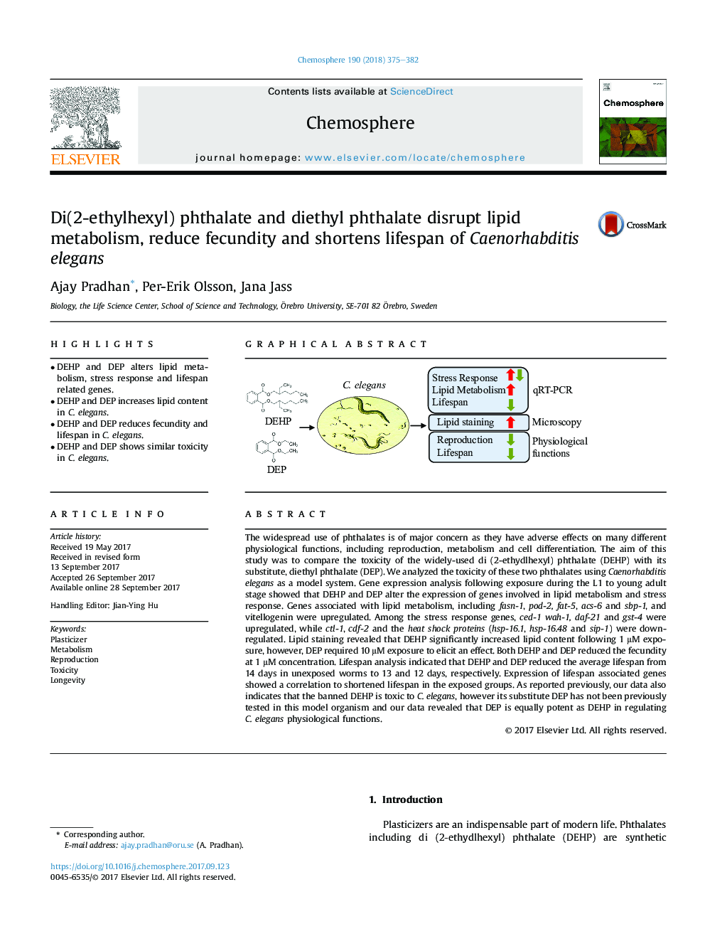 Di(2-ethylhexyl) phthalate and diethyl phthalate disrupt lipid metabolism, reduce fecundity and shortens lifespan of Caenorhabditis elegans