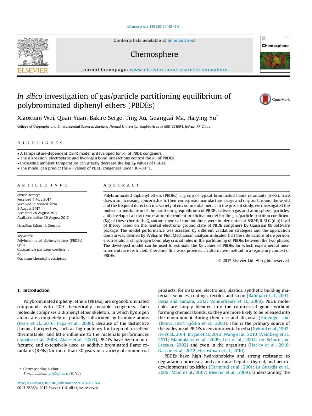 In silico investigation of gas/particle partitioning equilibrium of polybrominated diphenyl ethers (PBDEs)