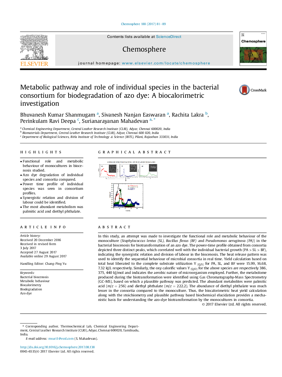 Metabolic pathway and role of individual species in the bacterial consortium for biodegradation of azo dye: A biocalorimetric investigation