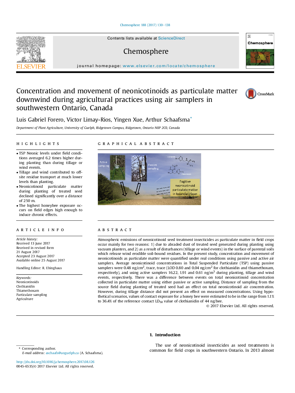 Concentration and movement of neonicotinoids as particulate matter downwind during agricultural practices using air samplers in southwestern Ontario, Canada