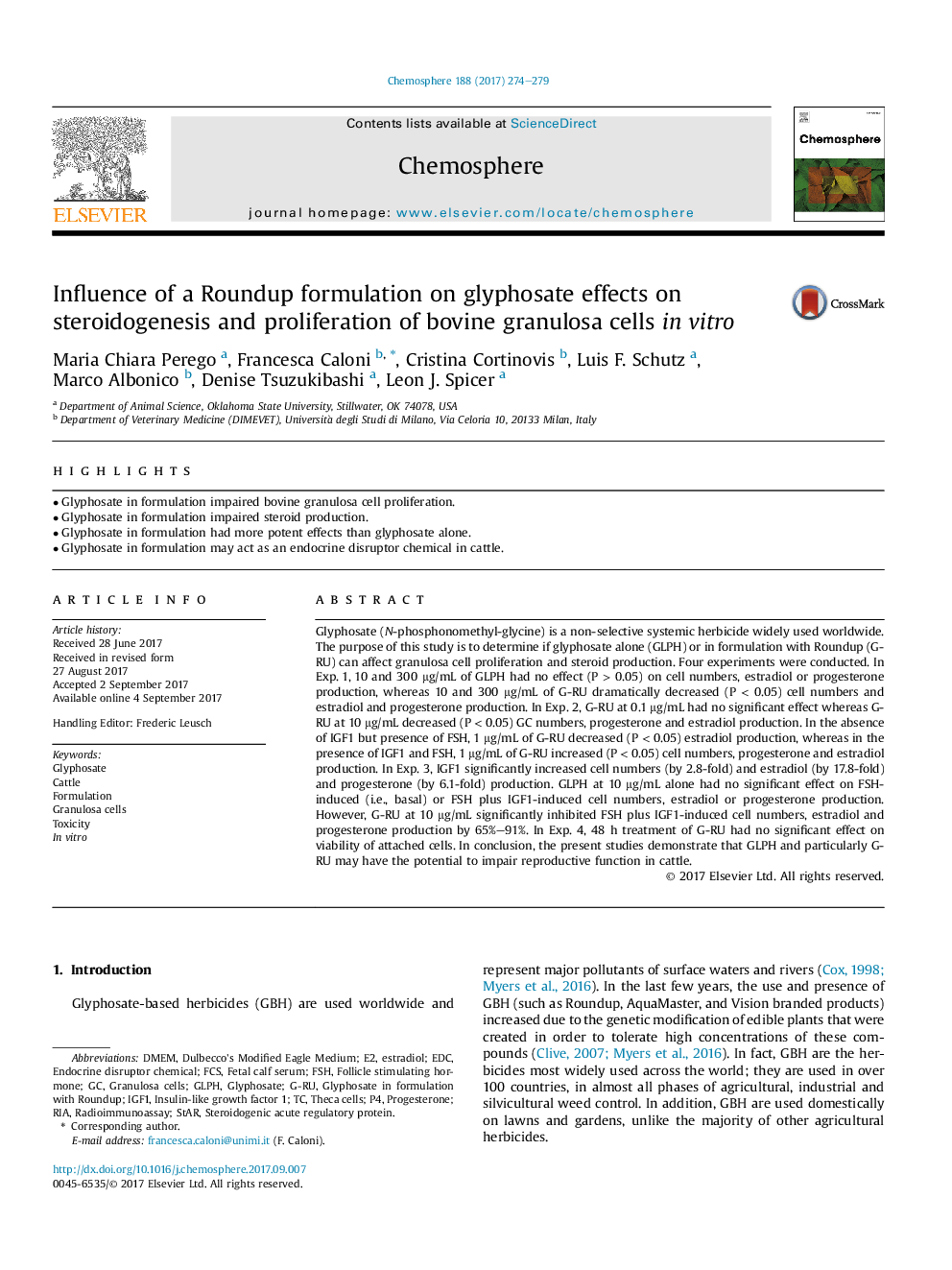 Influence of a Roundup formulation on glyphosate effects on steroidogenesis and proliferation of bovine granulosa cells inÂ vitro