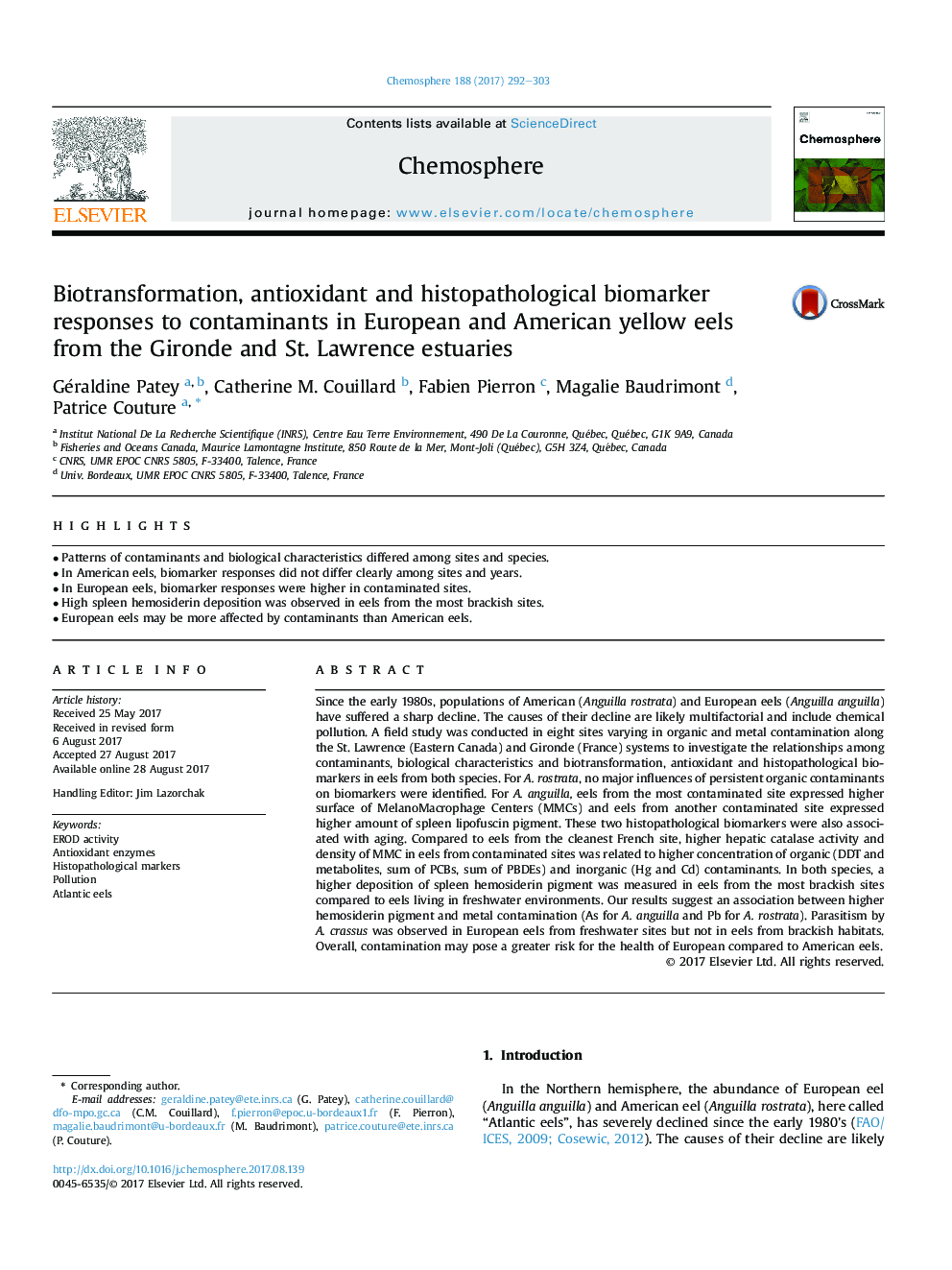 Biotransformation, antioxidant and histopathological biomarker responses to contaminants in European and American yellow eels from the Gironde and St. Lawrence estuaries