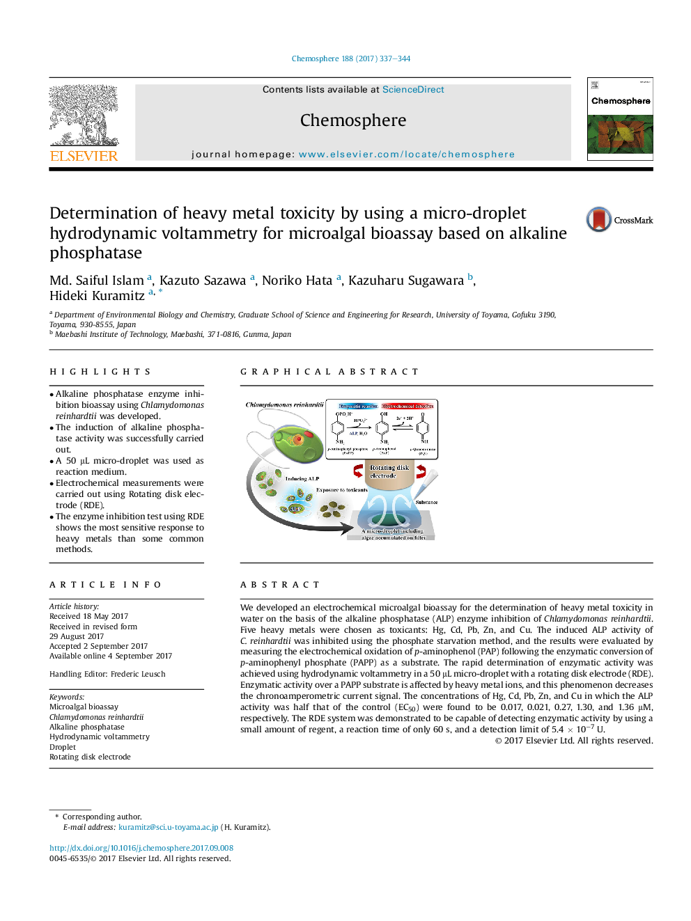 Determination of heavy metal toxicity by using a micro-droplet hydrodynamic voltammetry for microalgal bioassay based on alkaline phosphatase