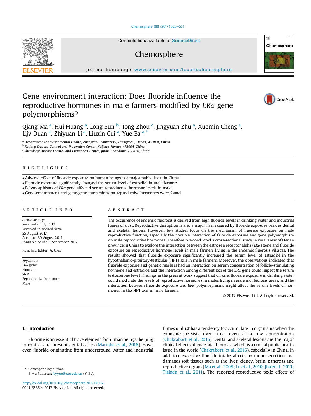 Gene-environment interaction: Does fluoride influence the reproductive hormones in male farmers modified by ERÎ± gene polymorphisms?