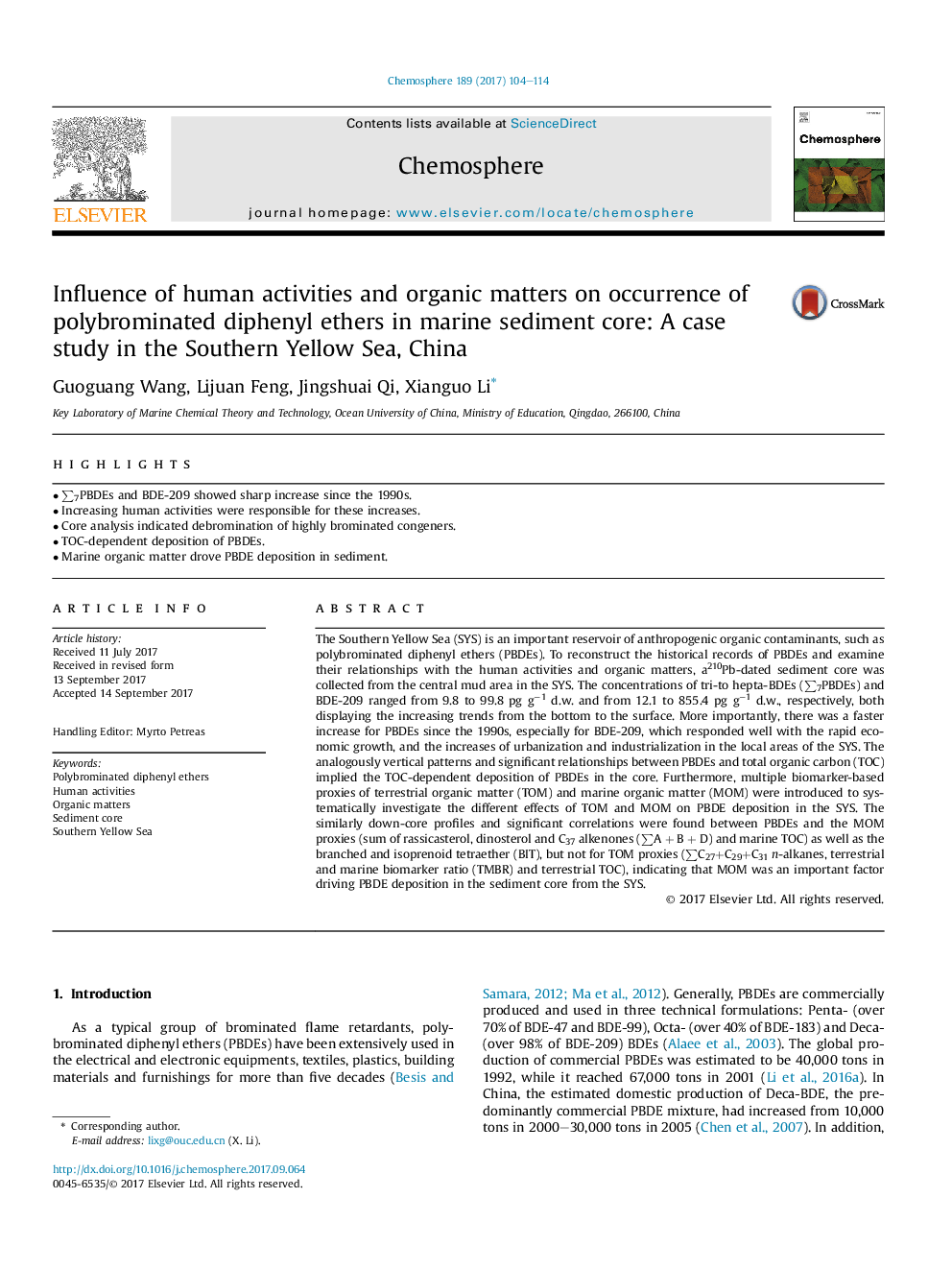 Influence of human activities and organic matters on occurrence of polybrominated diphenyl ethers in marine sediment core: A case study in the Southern Yellow Sea, China