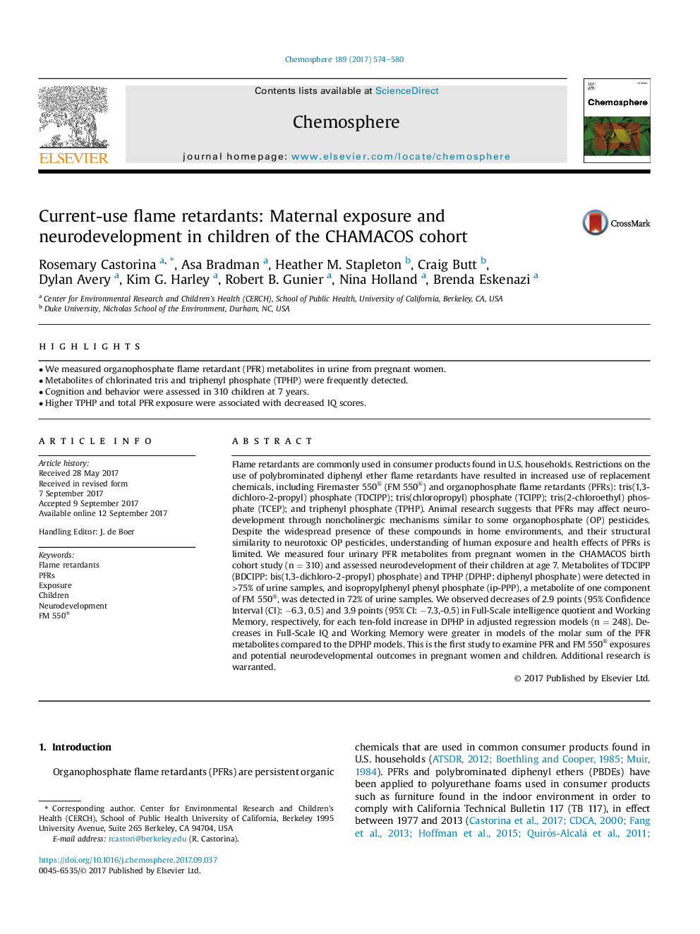 Current-use flame retardants: Maternal exposure and neurodevelopment in children of the CHAMACOS cohort