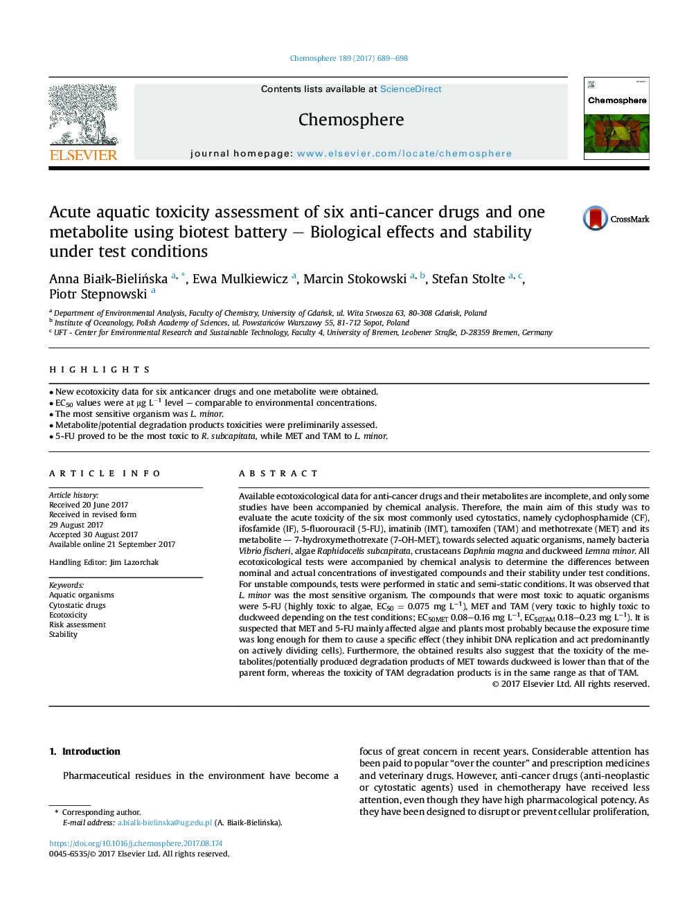ارزیابی سمیت هتروزیک از شش دارو ضد سرطان و یک متابولیت با استفاده از باتری بیوتست - اثرات بیولوژیکی و پایداری در شرایط آزمایش 