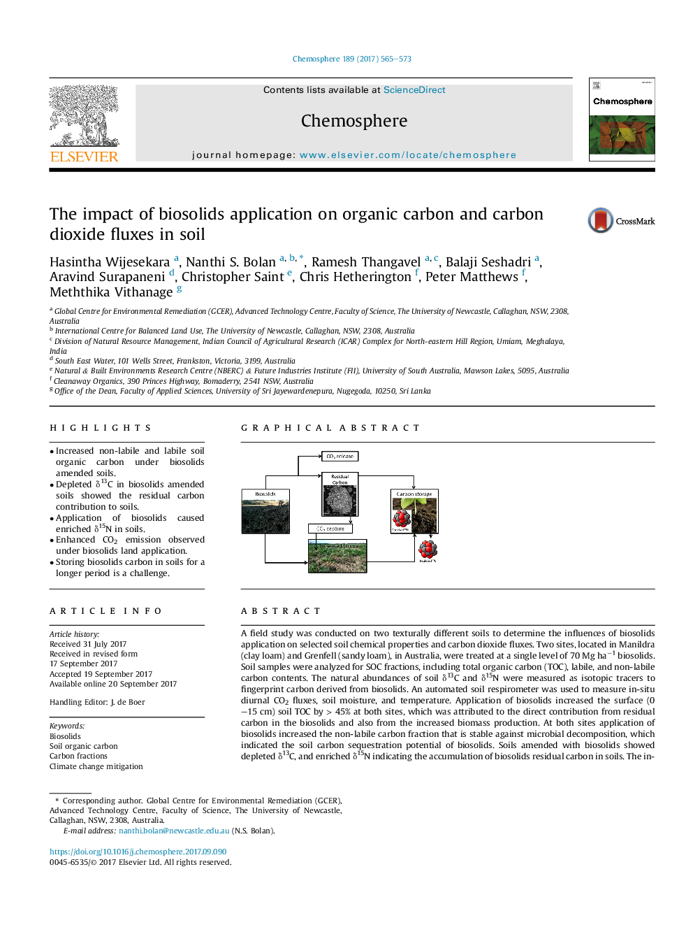 The impact of biosolids application on organic carbon and carbon dioxide fluxes in soil