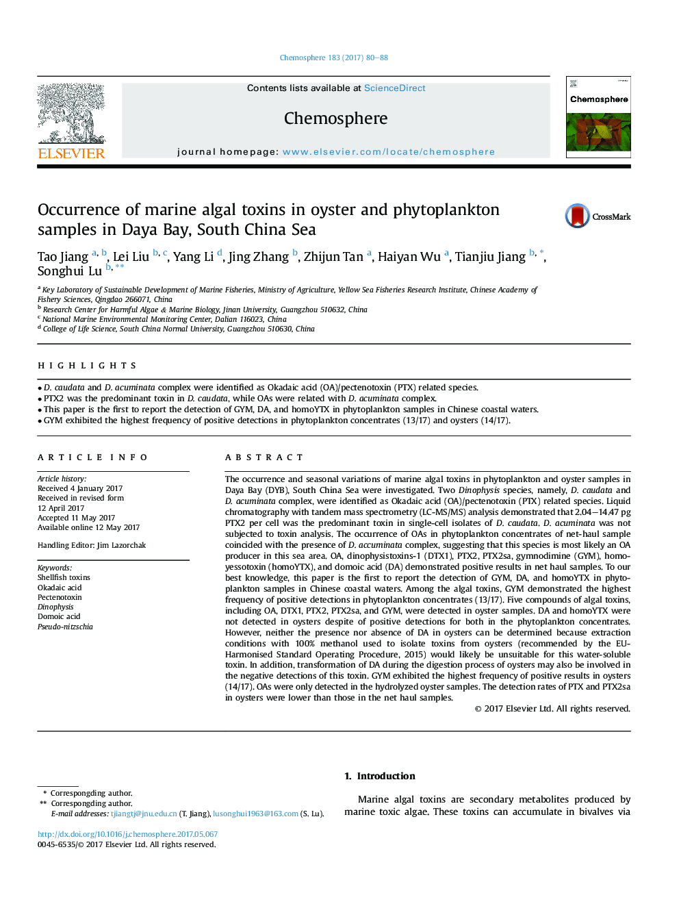 Occurrence of marine algal toxins in oyster and phytoplankton samples in Daya Bay, South China Sea