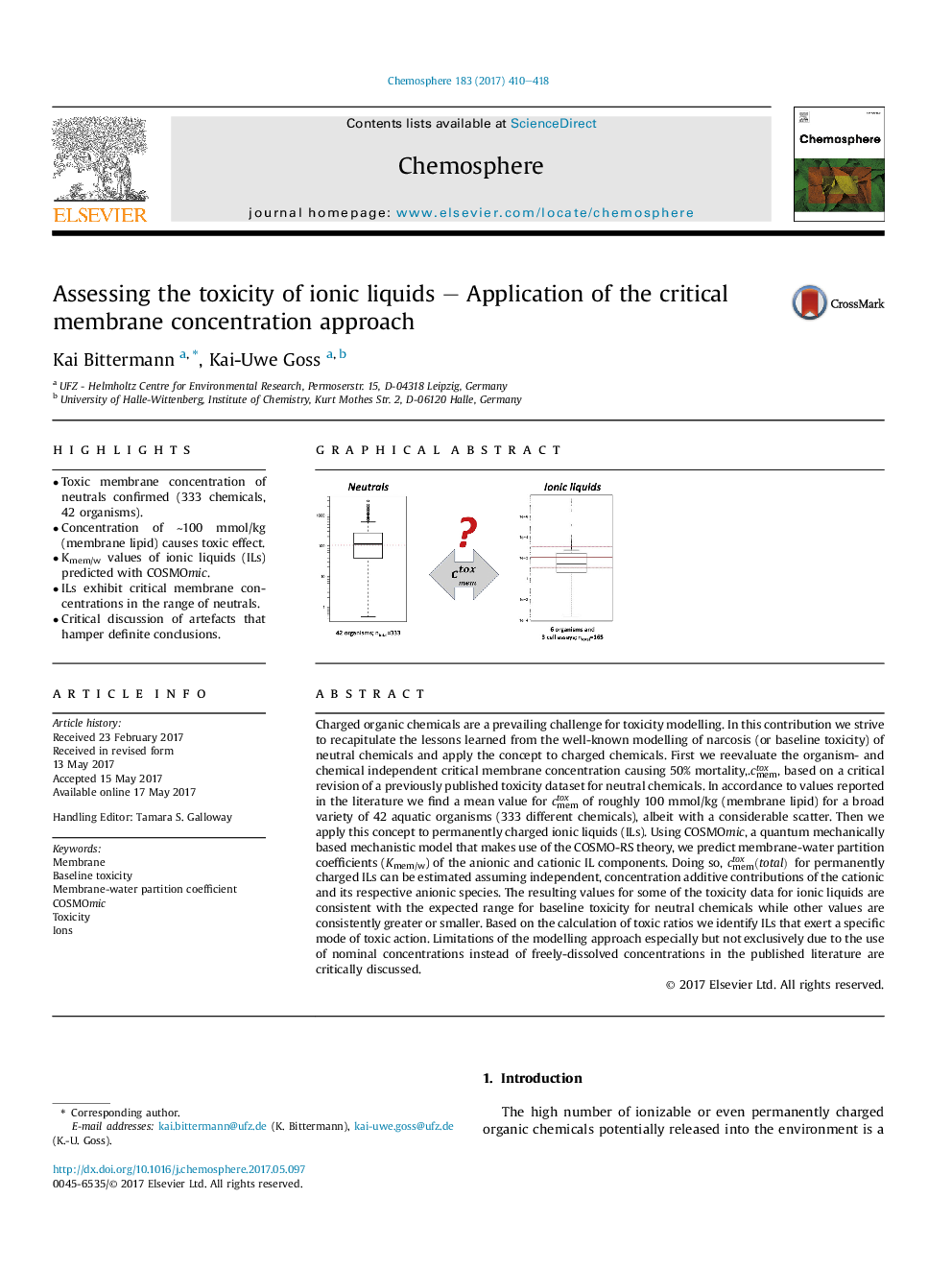 Assessing the toxicity of ionic liquids - Application of the critical membrane concentration approach