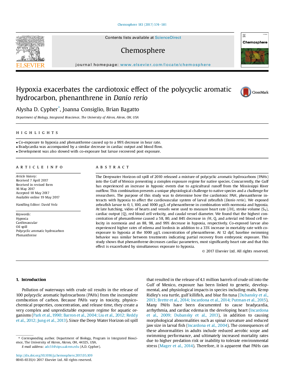 Hypoxia exacerbates the cardiotoxic effect of the polycyclic aromatic hydrocarbon, phenanthrene in Danio rerio