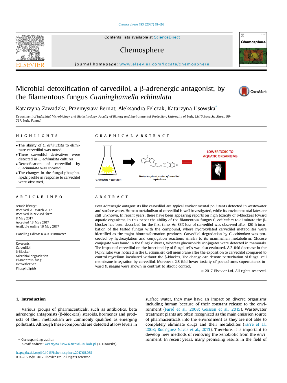 Microbial detoxification of carvedilol, a Î²-adrenergic antagonist, by the filamentous fungus Cunninghamella echinulata