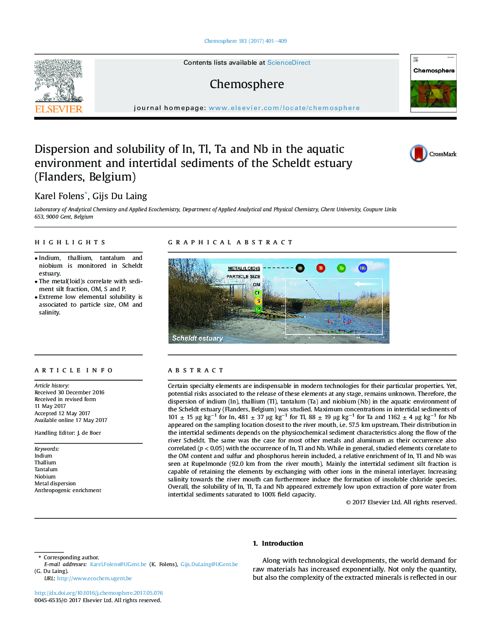 Dispersion and solubility of In, Tl, Ta and Nb in the aquatic environment and intertidal sediments of the Scheldt estuary (Flanders, Belgium)