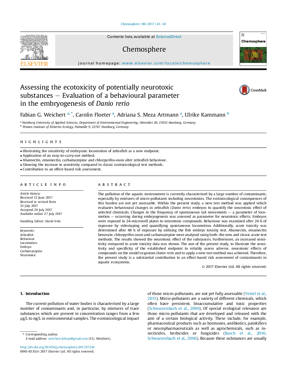 Assessing the ecotoxicity of potentially neurotoxic substances - Evaluation of a behavioural parameter in the embryogenesis of Danio rerio