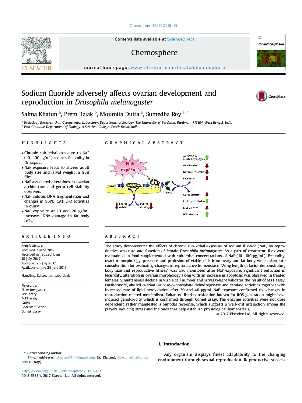 Sodium fluoride adversely affects ovarian development and reproduction in Drosophila melanogaster