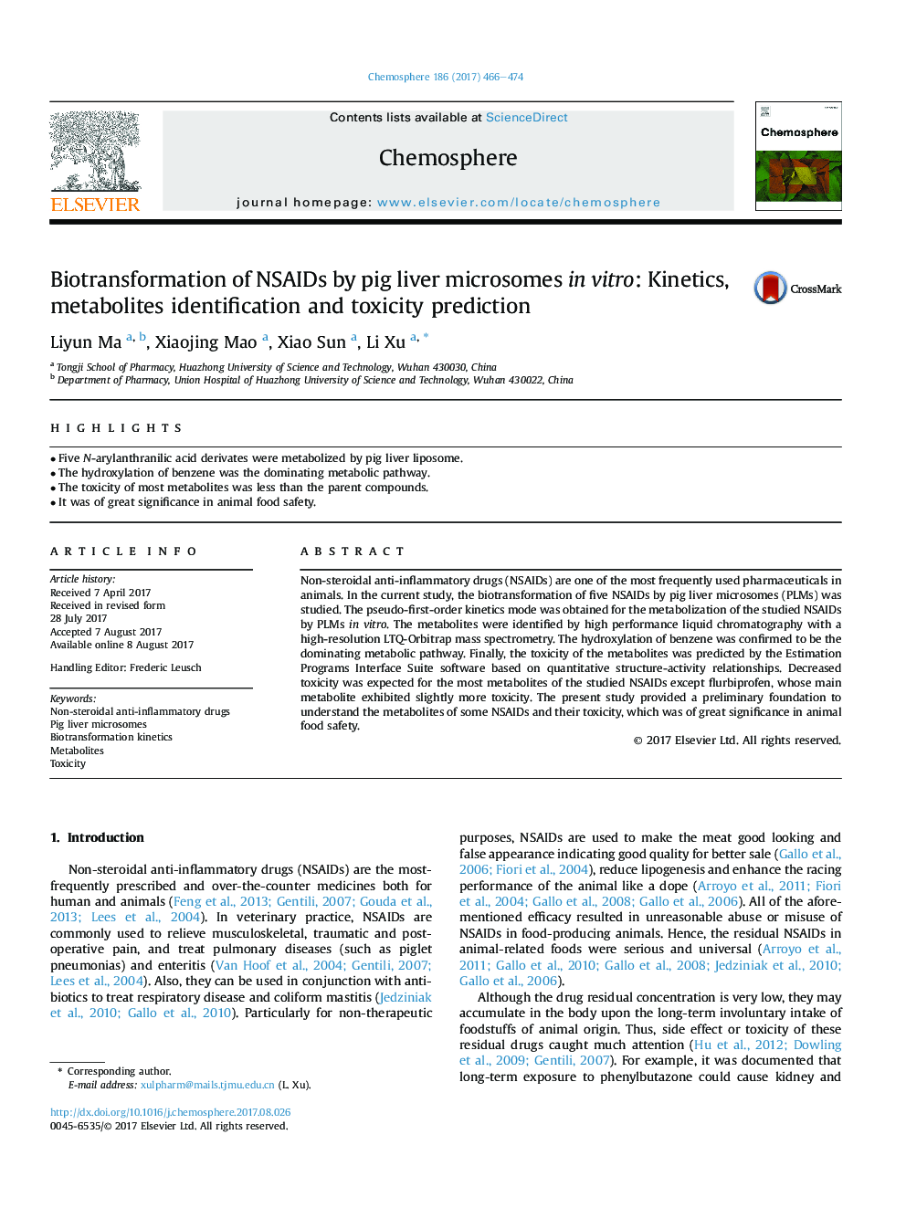 Biotransformation of NSAIDs by pig liver microsomes inÂ vitro: Kinetics, metabolites identification and toxicity prediction