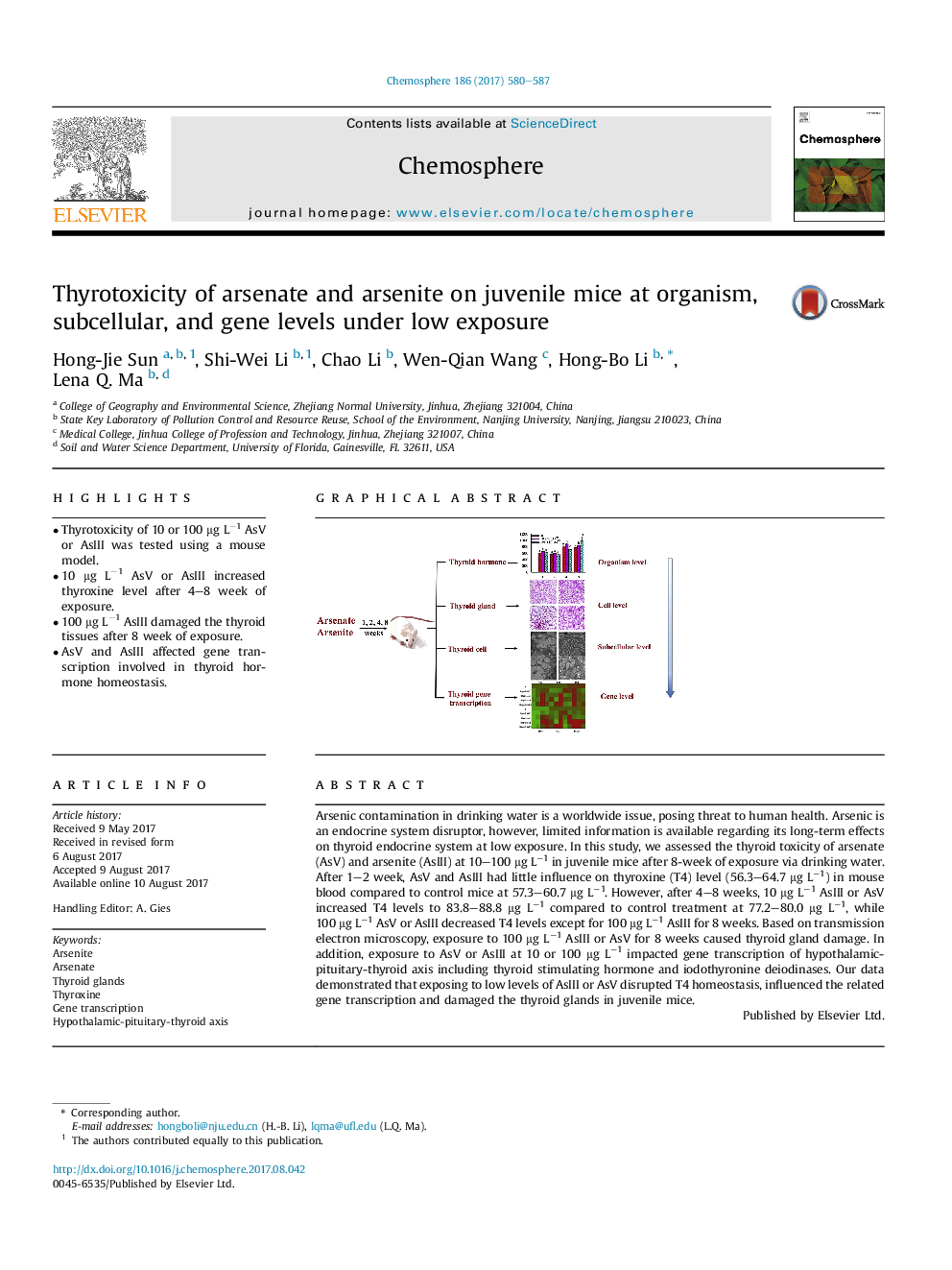 Thyrotoxicity of arsenate and arsenite on juvenile mice at organism, subcellular, and gene levels under low exposure