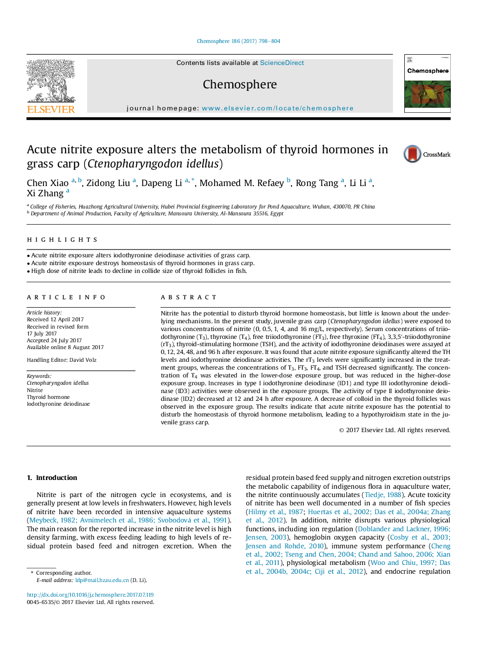 Acute nitrite exposure alters the metabolism of thyroid hormones in grass carp (Ctenopharyngodon idellus)