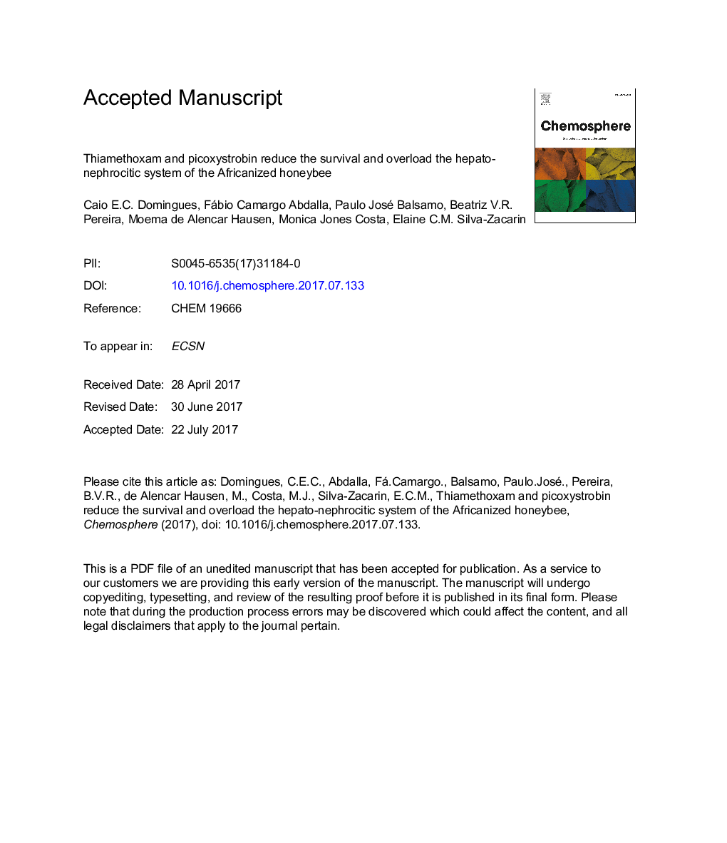 Thiamethoxam and picoxystrobin reduce the survival and overload the hepato-nephrocitic system of the Africanized honeybee