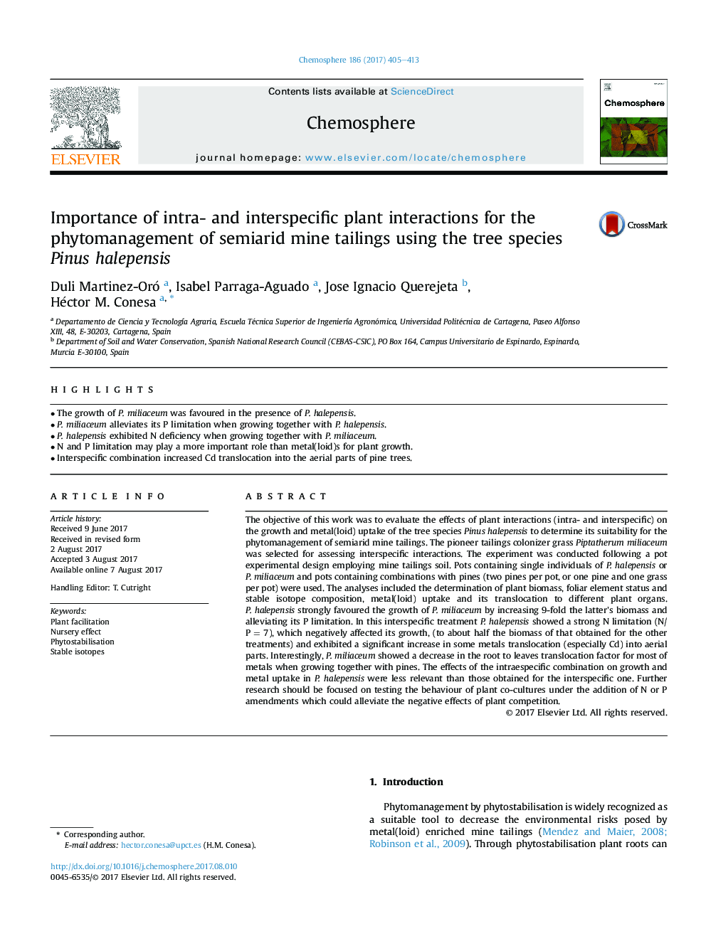 Importance of intra- and interspecific plant interactions for the phytomanagement of semiarid mine tailings using the tree species Pinus halepensis