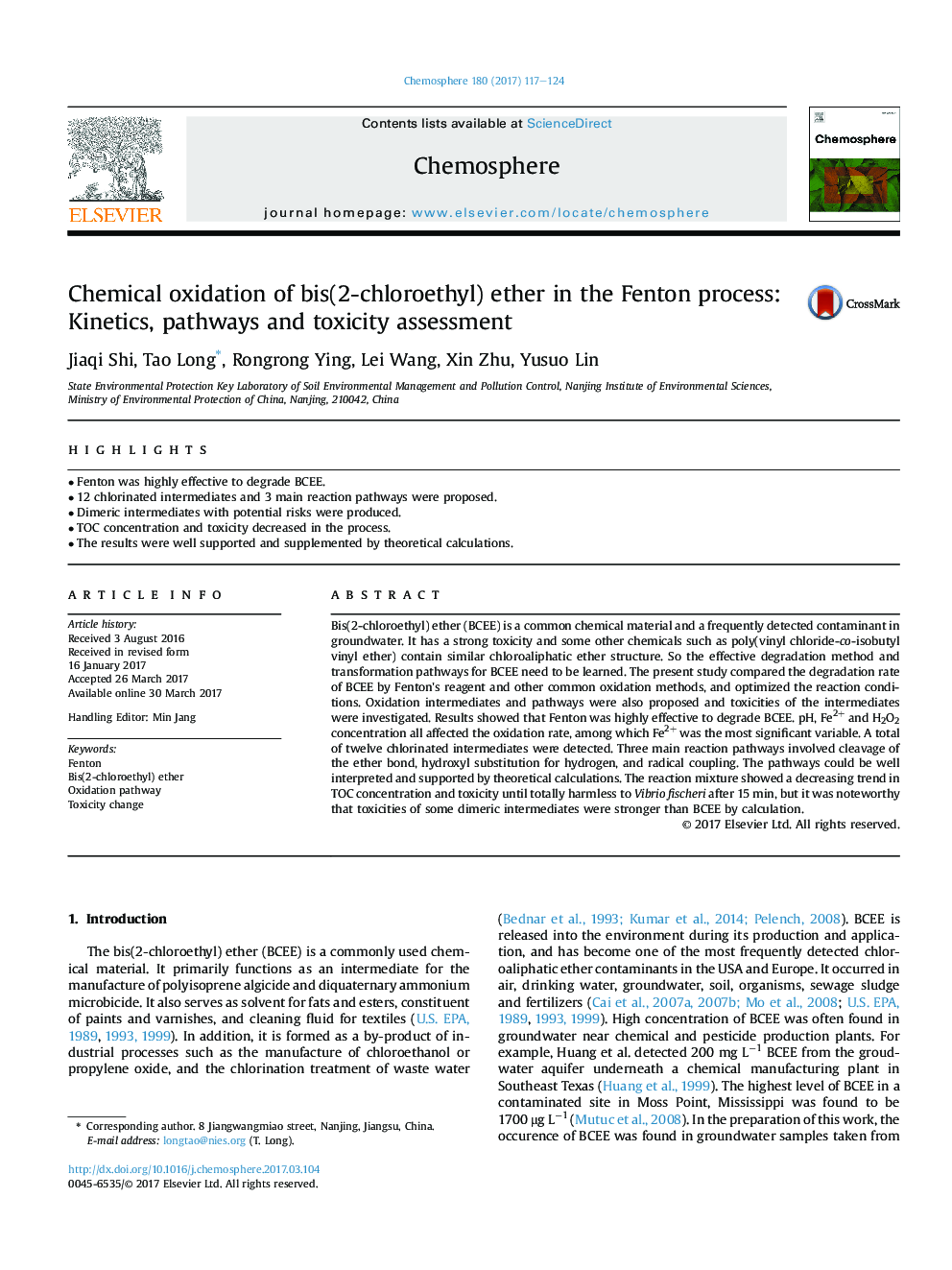 Chemical oxidation of bis(2-chloroethyl) ether in the Fenton process: Kinetics, pathways and toxicity assessment