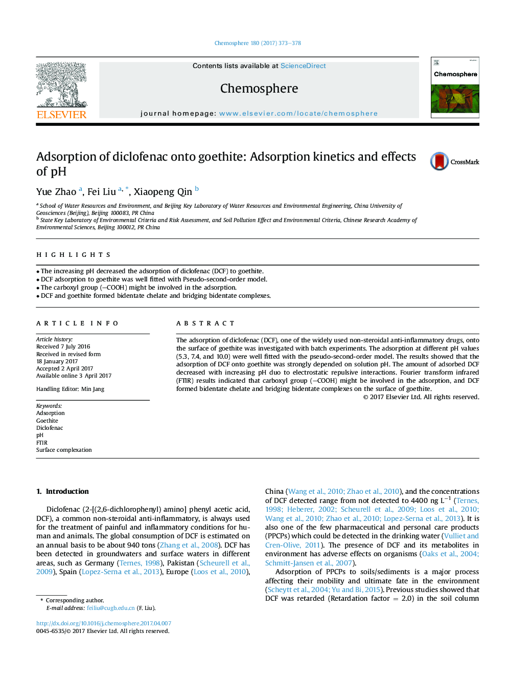Adsorption of diclofenac onto goethite: Adsorption kinetics and effects of pH