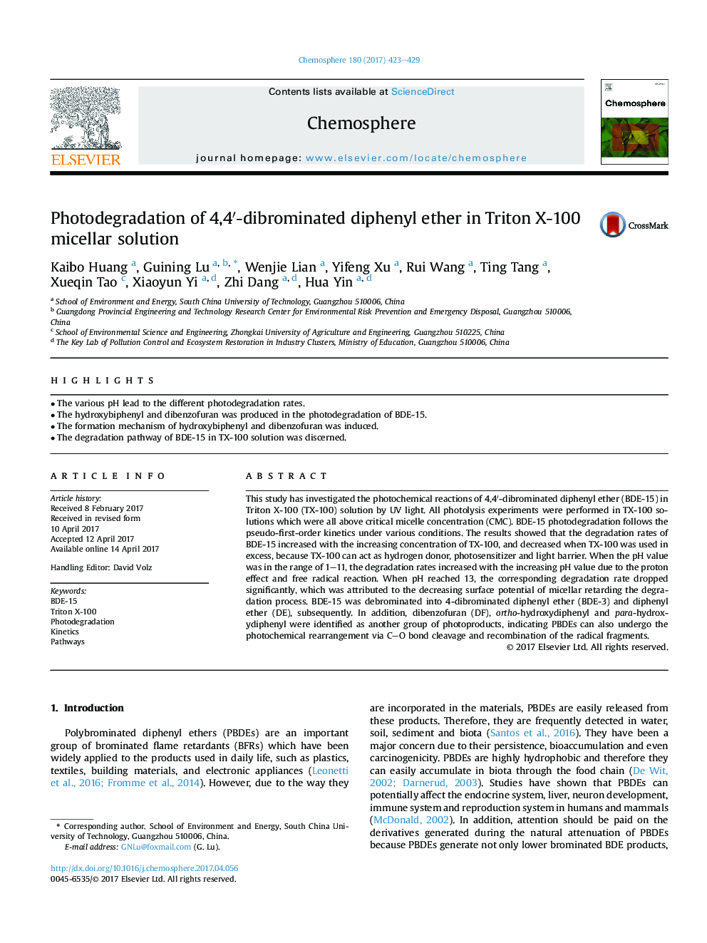 Photodegradation of 4,4â²-dibrominated diphenyl ether in Triton X-100 micellar solution