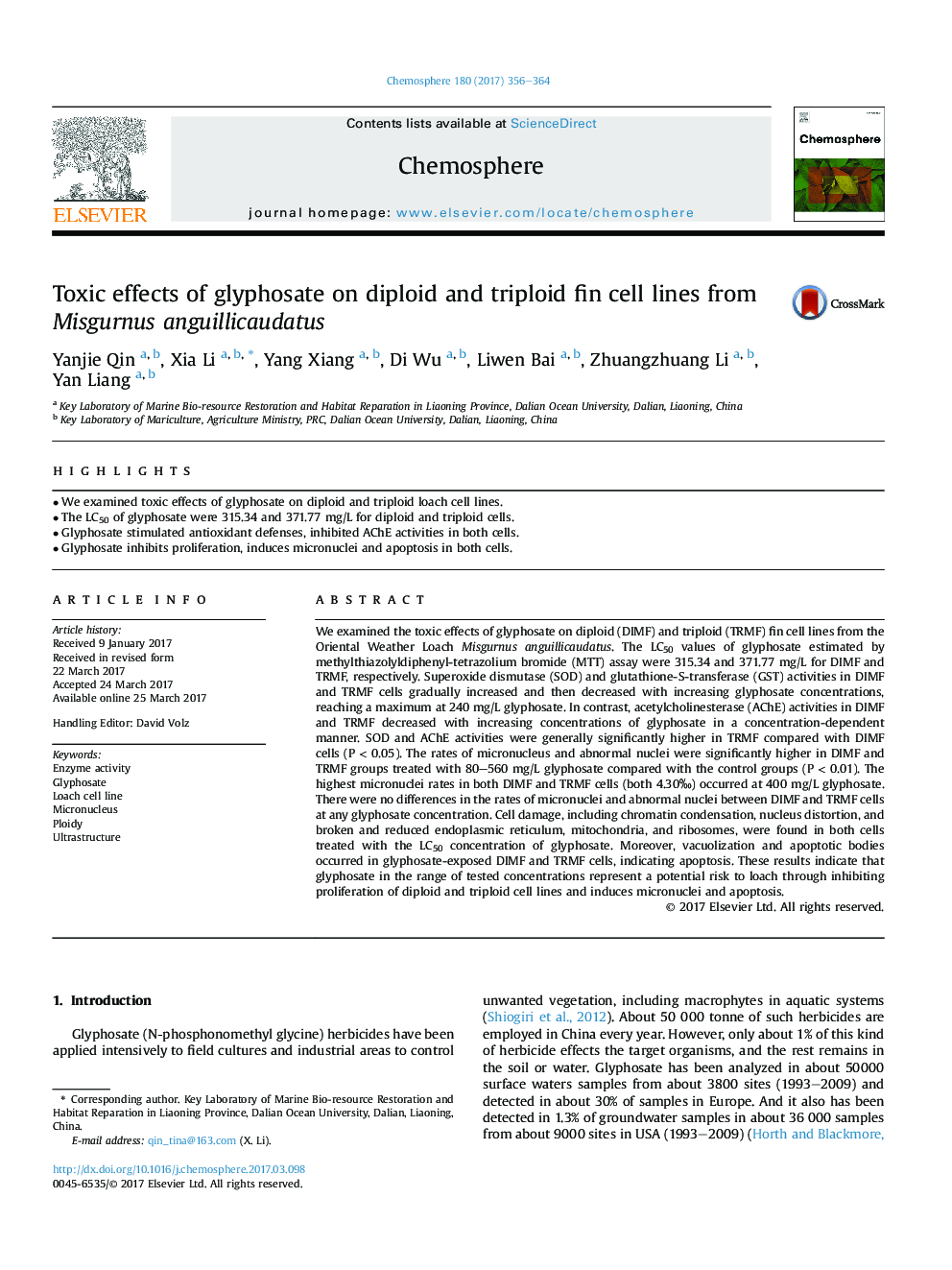 Toxic effects of glyphosate on diploid and triploid fin cell lines from Misgurnus anguillicaudatus