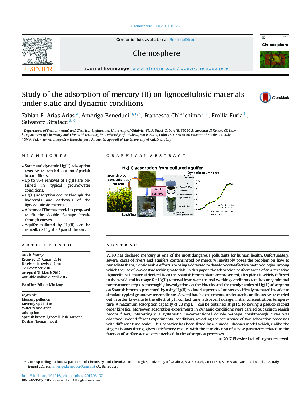 Study of the adsorption of mercury (II) on lignocellulosic materials under static and dynamic conditions