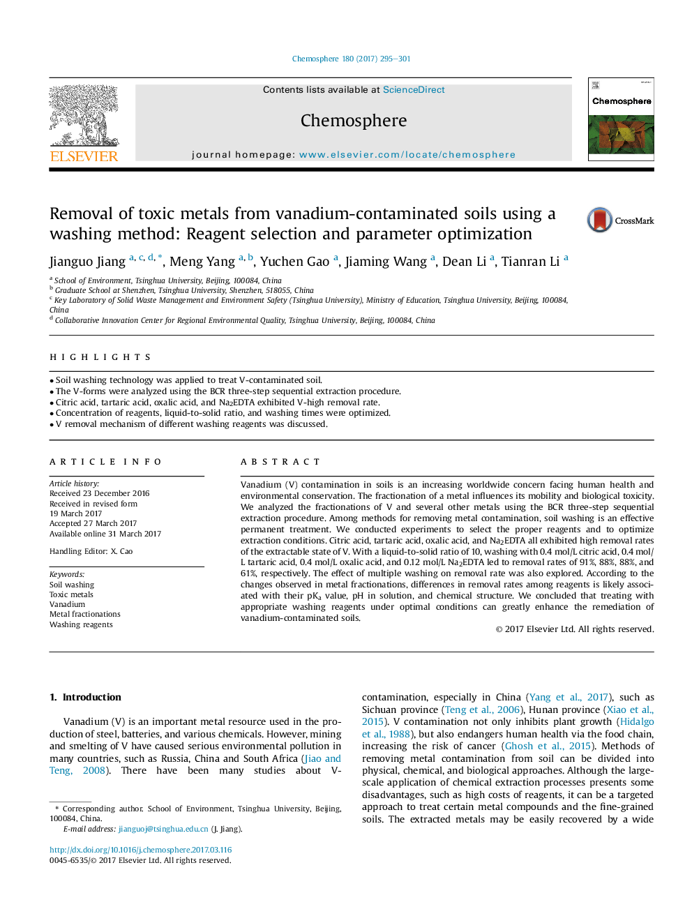 Removal of toxic metals from vanadium-contaminated soils using a washing method: Reagent selection and parameter optimization