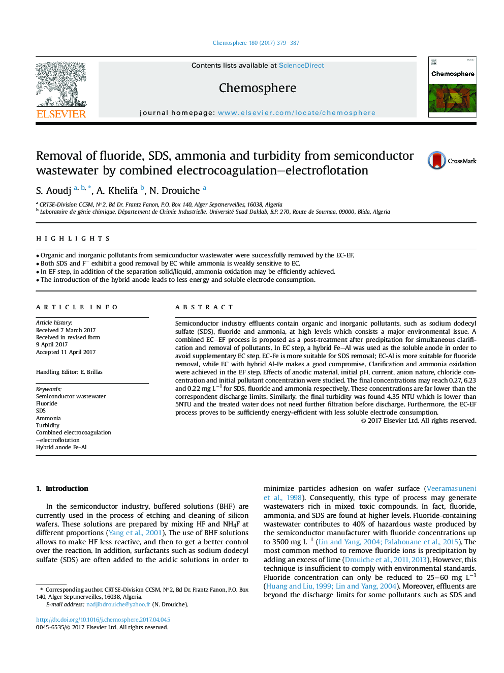 Removal of fluoride, SDS, ammonia and turbidity from semiconductor wastewater by combined electrocoagulation-electroflotation