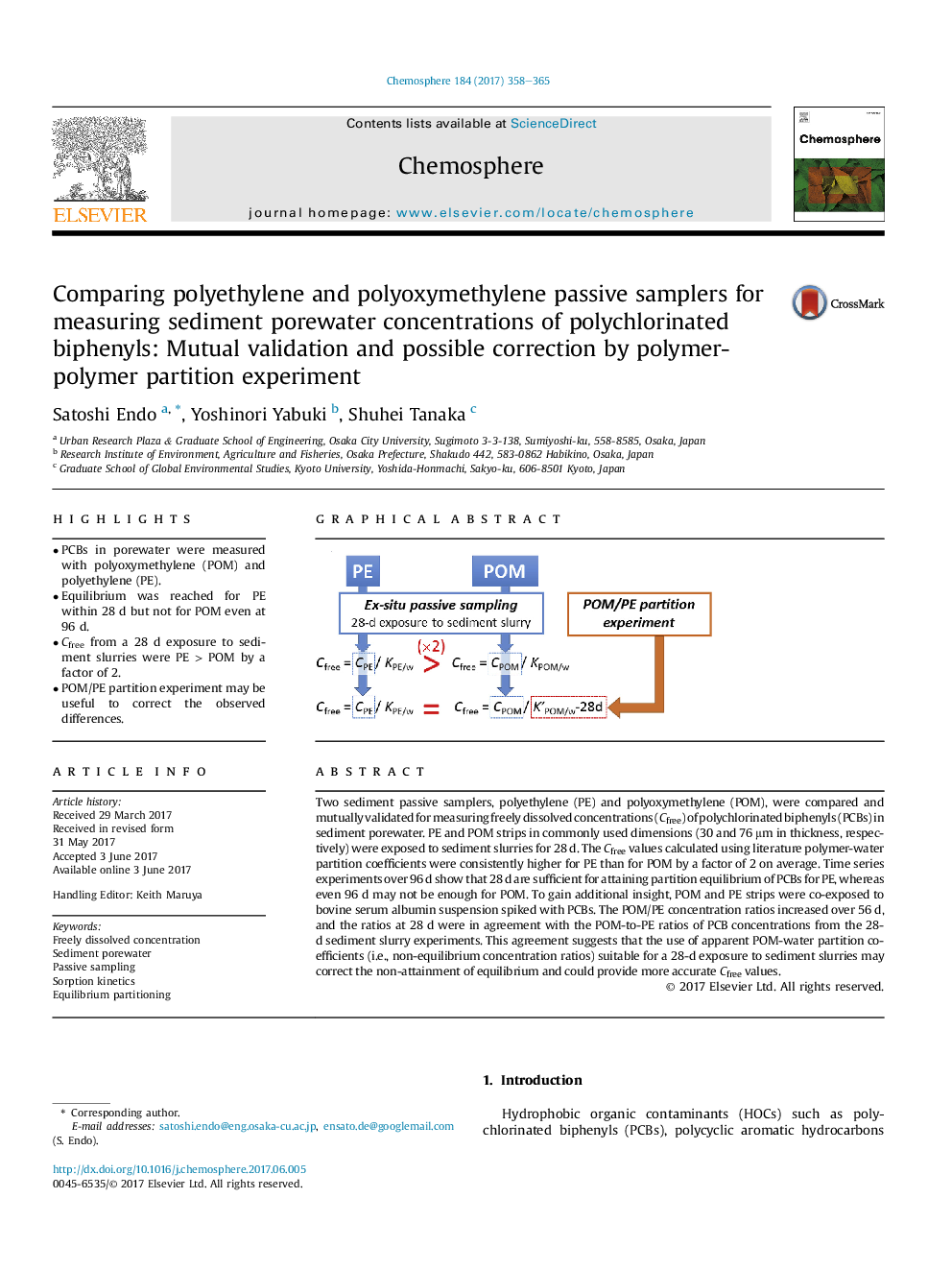 Comparing polyethylene and polyoxymethylene passive samplers for measuring sediment porewater concentrations of polychlorinated biphenyls: Mutual validation and possible correction by polymer-polymer partition experiment