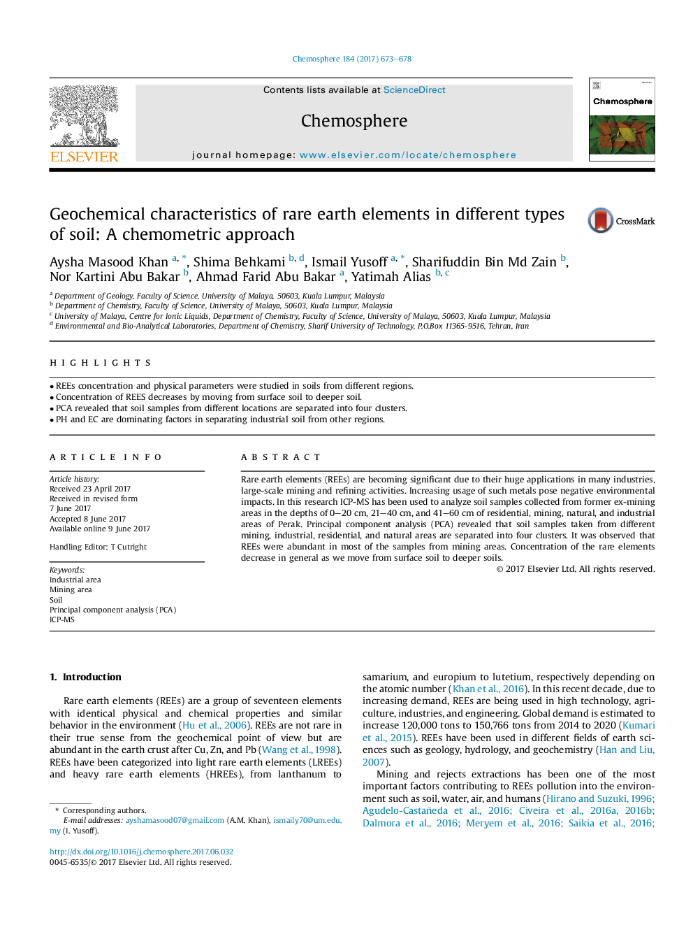 Geochemical characteristics of rare earth elements in different types of soil: A chemometric approach