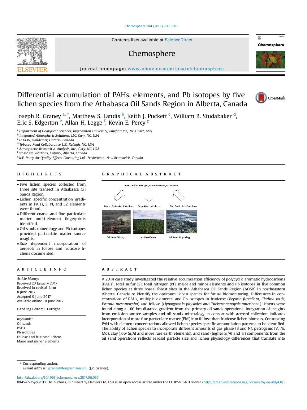 Differential accumulation of PAHs, elements, and Pb isotopes by five lichen species from the Athabasca Oil Sands Region in Alberta, Canada