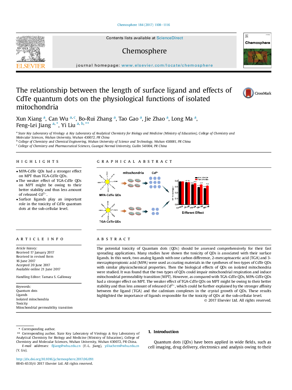 The relationship between the length of surface ligand and effects of CdTe quantum dots on the physiological functions of isolated mitochondria