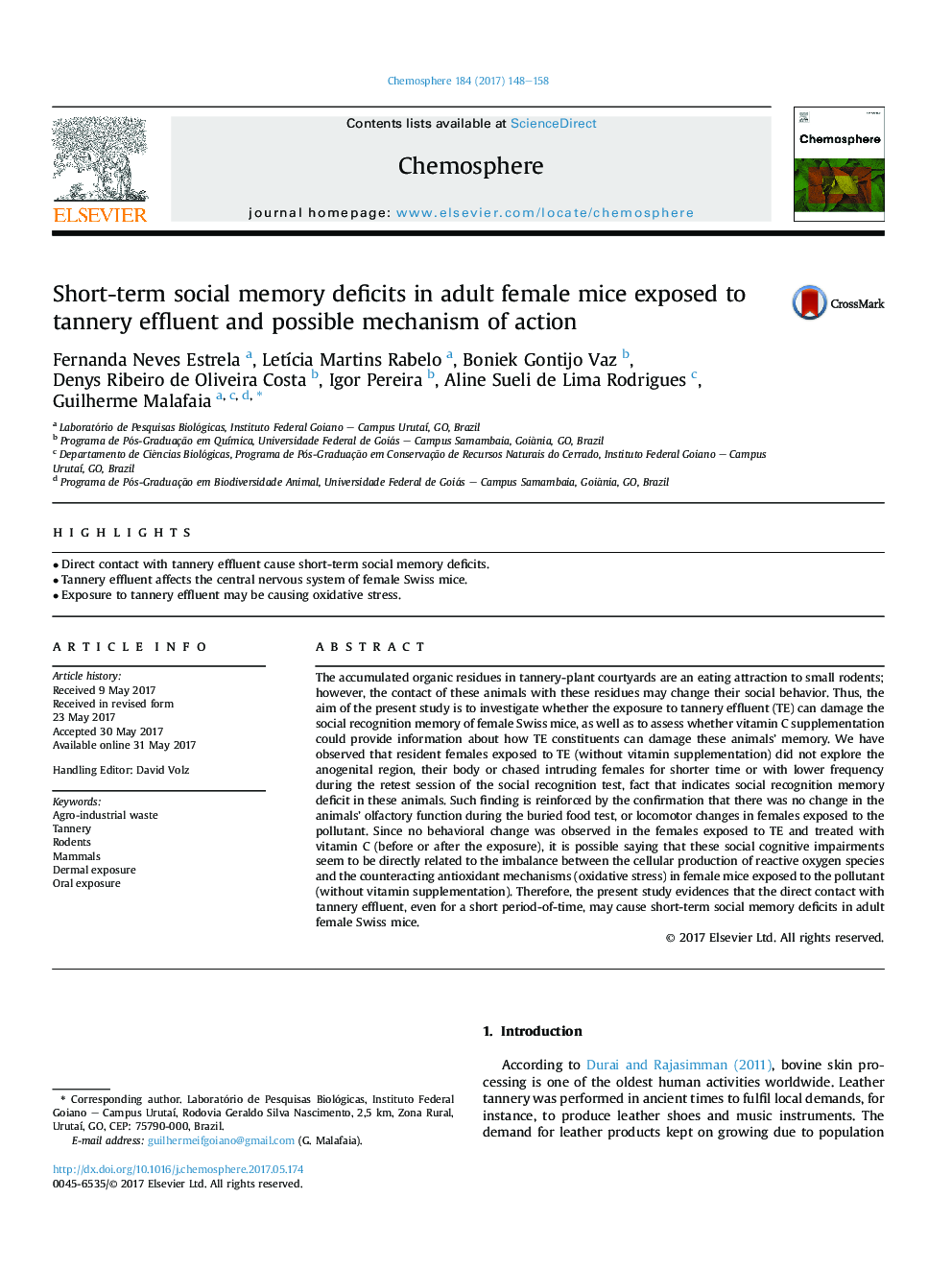 Short-term social memory deficits in adult female mice exposed to tannery effluent and possible mechanism of action