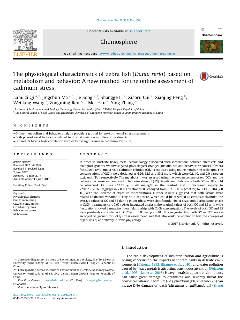 The physiological characteristics of zebra fish (Danio rerio) based on metabolism and behavior: A new method for the online assessment of cadmium stress