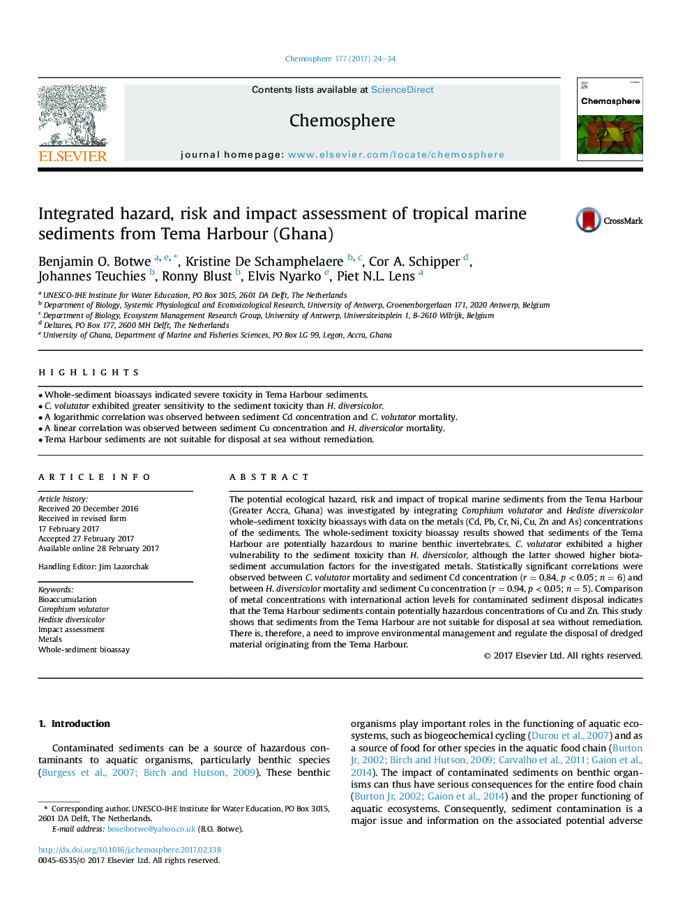 Integrated hazard, risk and impact assessment of tropical marine sediments from Tema Harbour (Ghana)