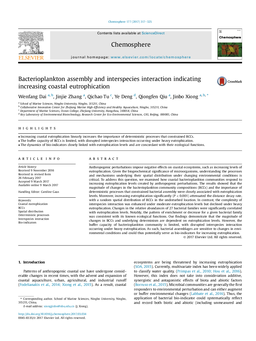 Bacterioplankton assembly and interspecies interaction indicating increasing coastal eutrophication