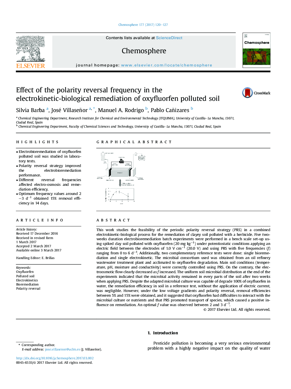 Effect of the polarity reversal frequency in the electrokinetic-biological remediation of oxyfluorfen polluted soil