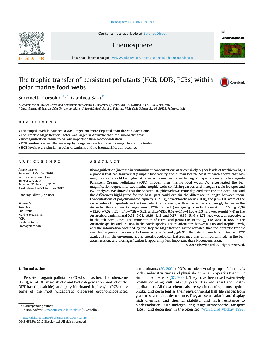 The trophic transfer of persistent pollutants (HCB, DDTs, PCBs) within polar marine food webs