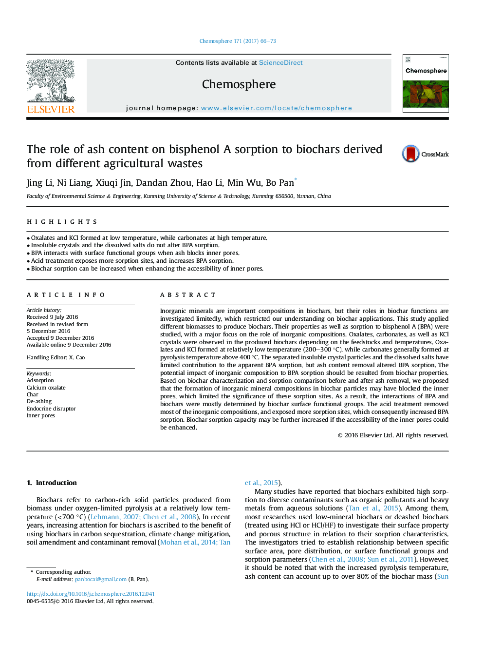 The role of ash content on bisphenol A sorption to biochars derived from different agricultural wastes