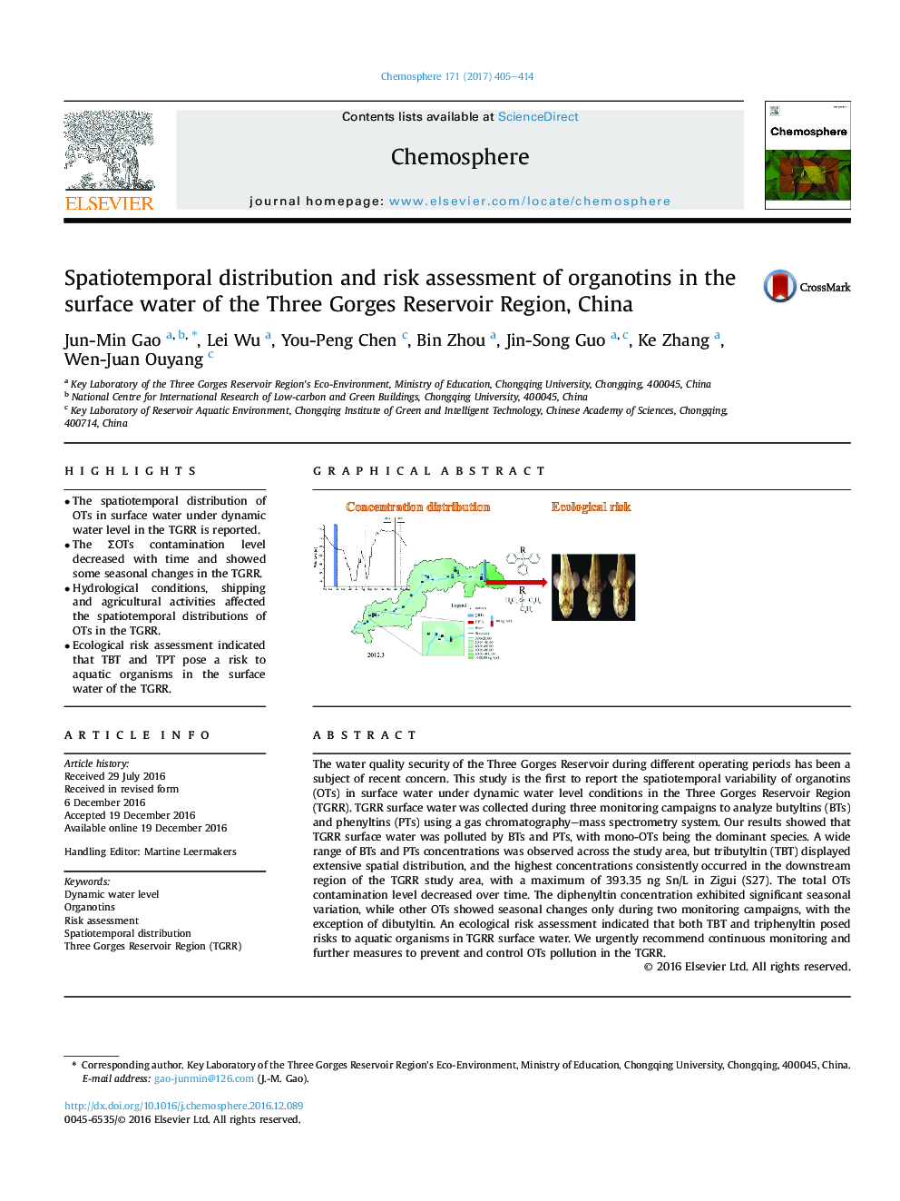 Spatiotemporal distribution and risk assessment of organotins in the surface water of the Three Gorges Reservoir Region, China