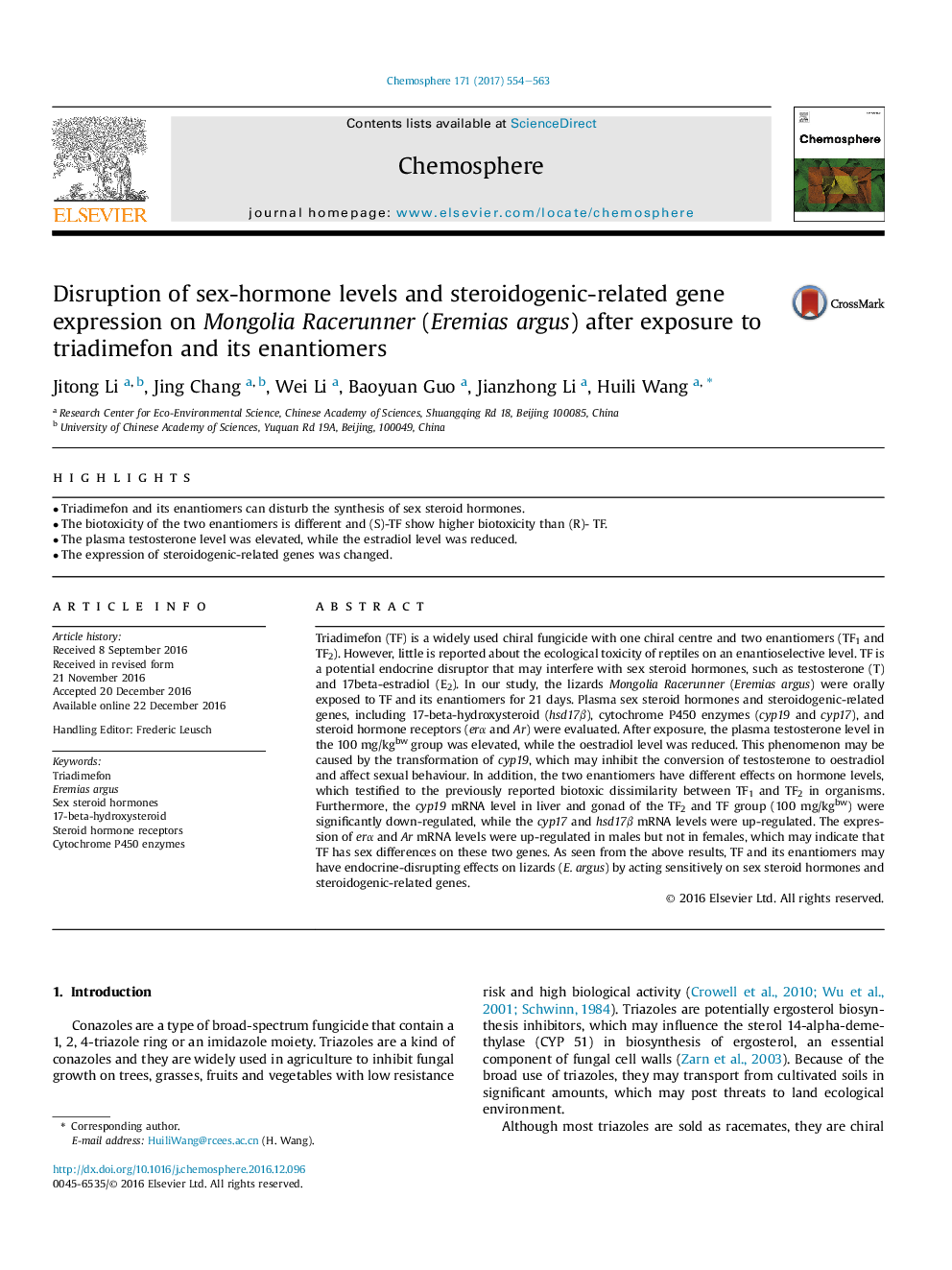 Disruption of sex-hormone levels and steroidogenic-related gene expression on Mongolia Racerunner (Eremias argus) after exposure to triadimefon and its enantiomers